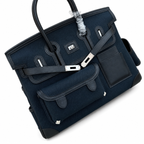 Birkin Cargo 35 in Bleu Nuit Toile Goéland and Noir Swift Leather (Palladium Hardware)