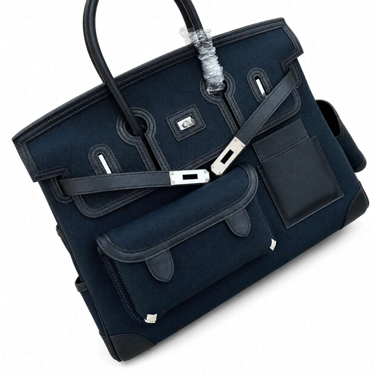 Birkin Cargo 35 in Bleu Nuit Toile Goéland and Noir Swift Leather (Palladium Hardware)