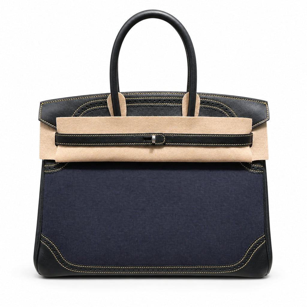 Birkin Ghillies 30 Black Leather and Navy Blue Denim Splicing Bag