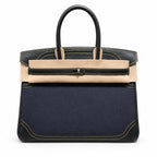 Birkin Ghillies 30 Black Leather and Navy Blue Denim Splicing Bag