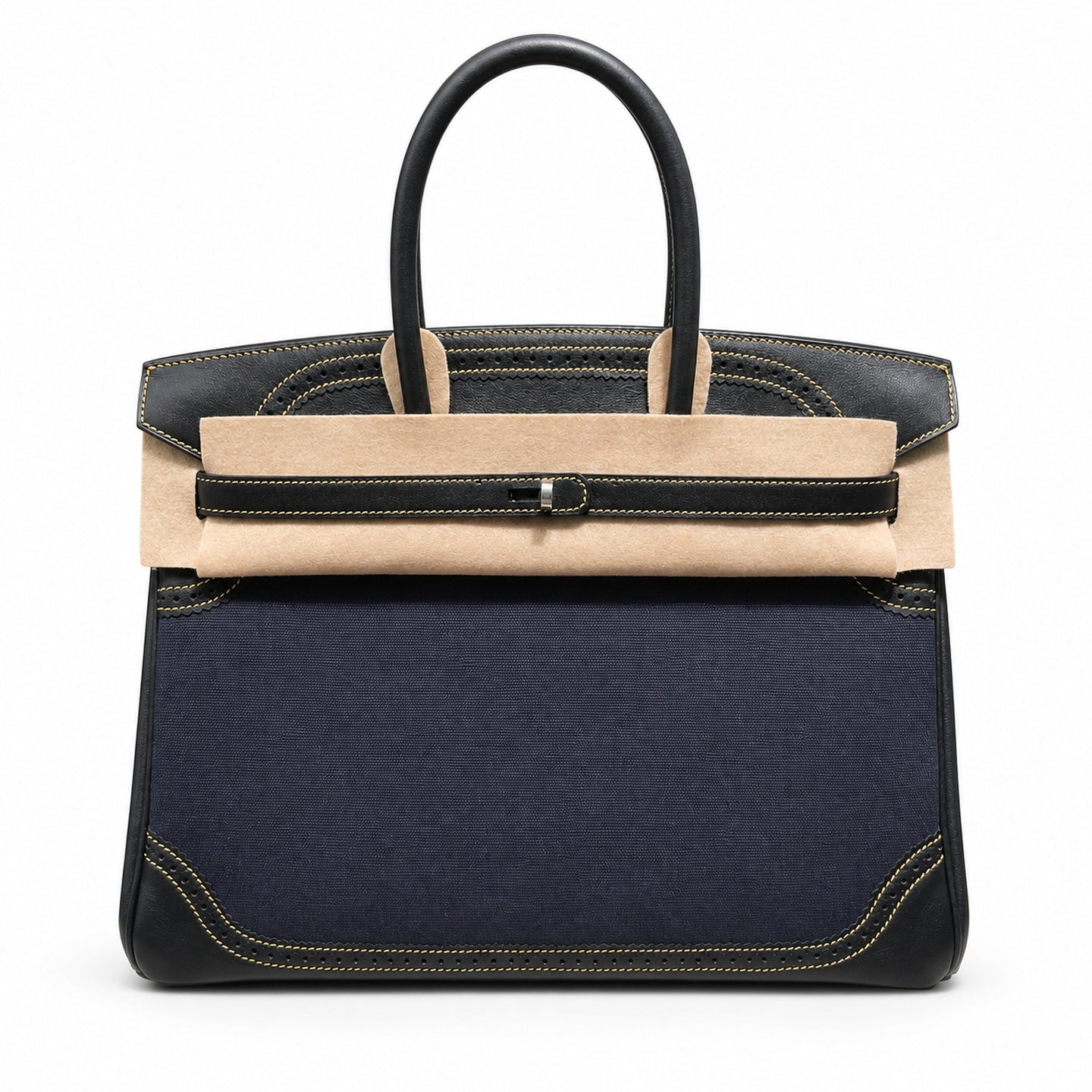 Birkin Ghillies 30 Black Leather and Navy Blue Denim Splicing Bag