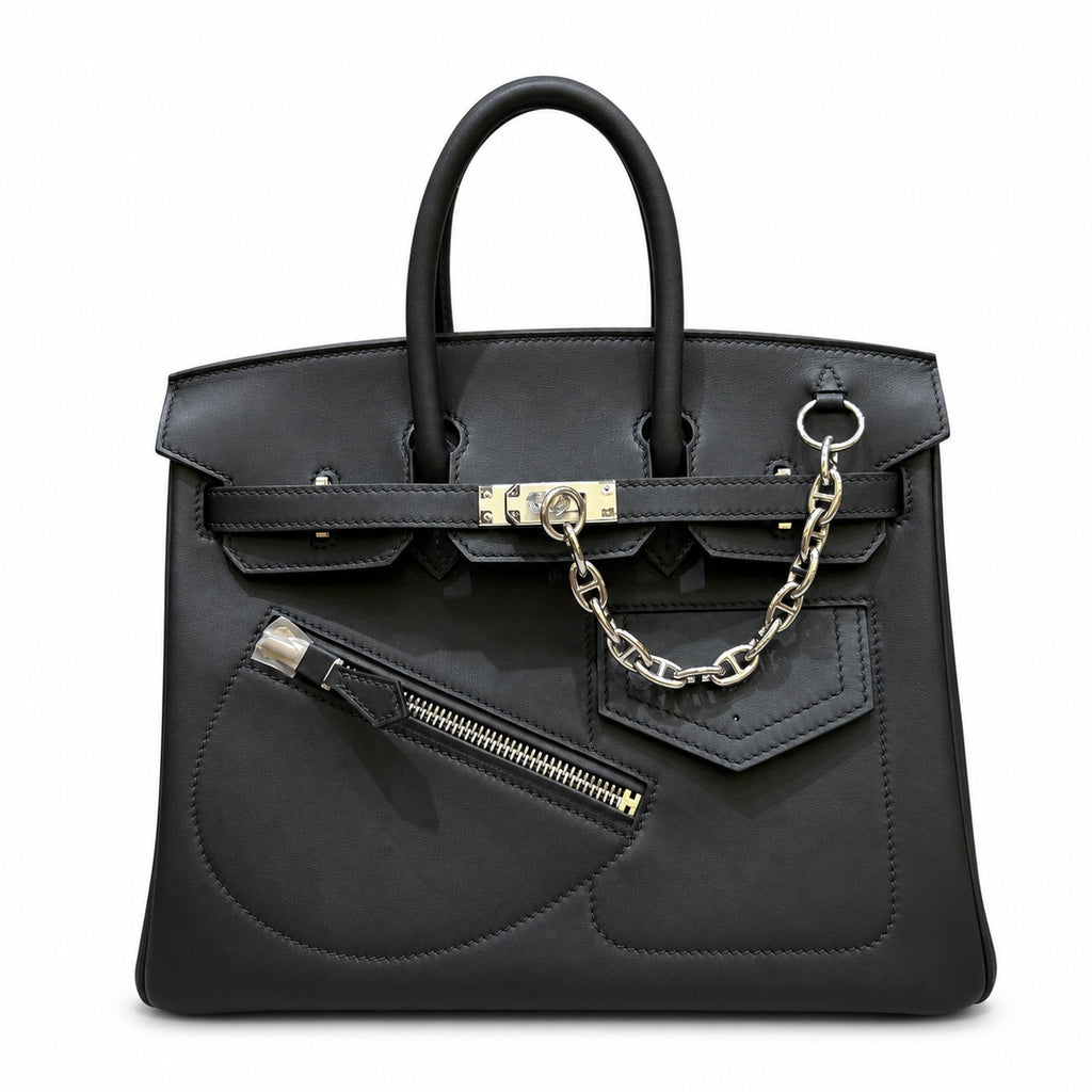 Birkin 25 Rock Black Leather Multi-Pocket Handbag with Chain