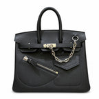 Birkin 25 Rock Black Leather Multi-Pocket Handbag with Chain