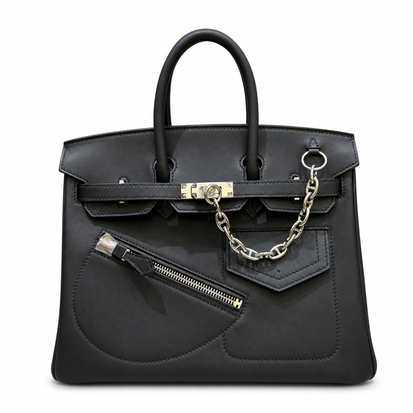 Birkin 25 Rock Black Leather Multi-Pocket Handbag with Chain