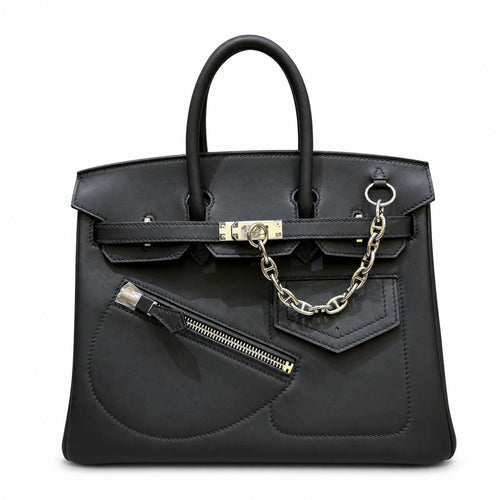 Birkin 25 Rock Black Leather Multi-Pocket Handbag with Chain