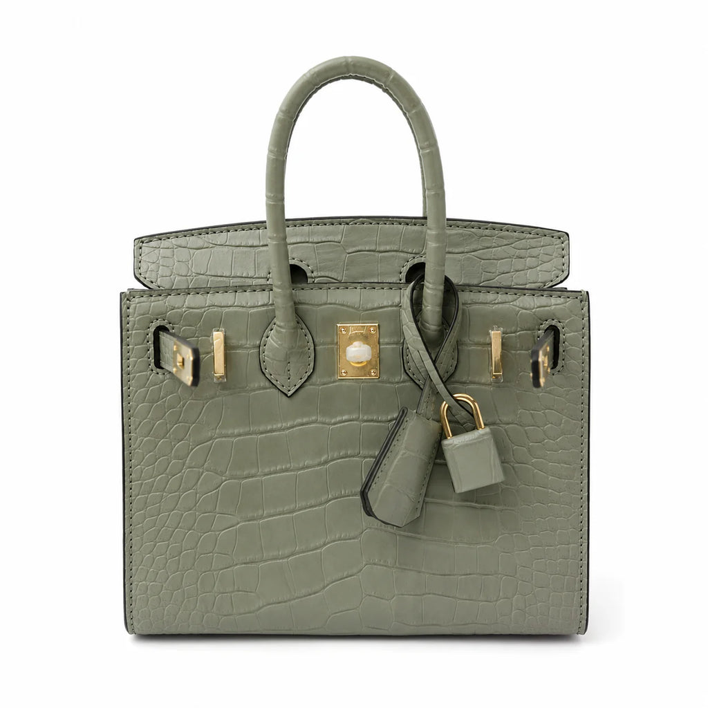 Mini Birkin 20cm Outer Stitching Tote Bag in Sage Green Crocodile Pattern