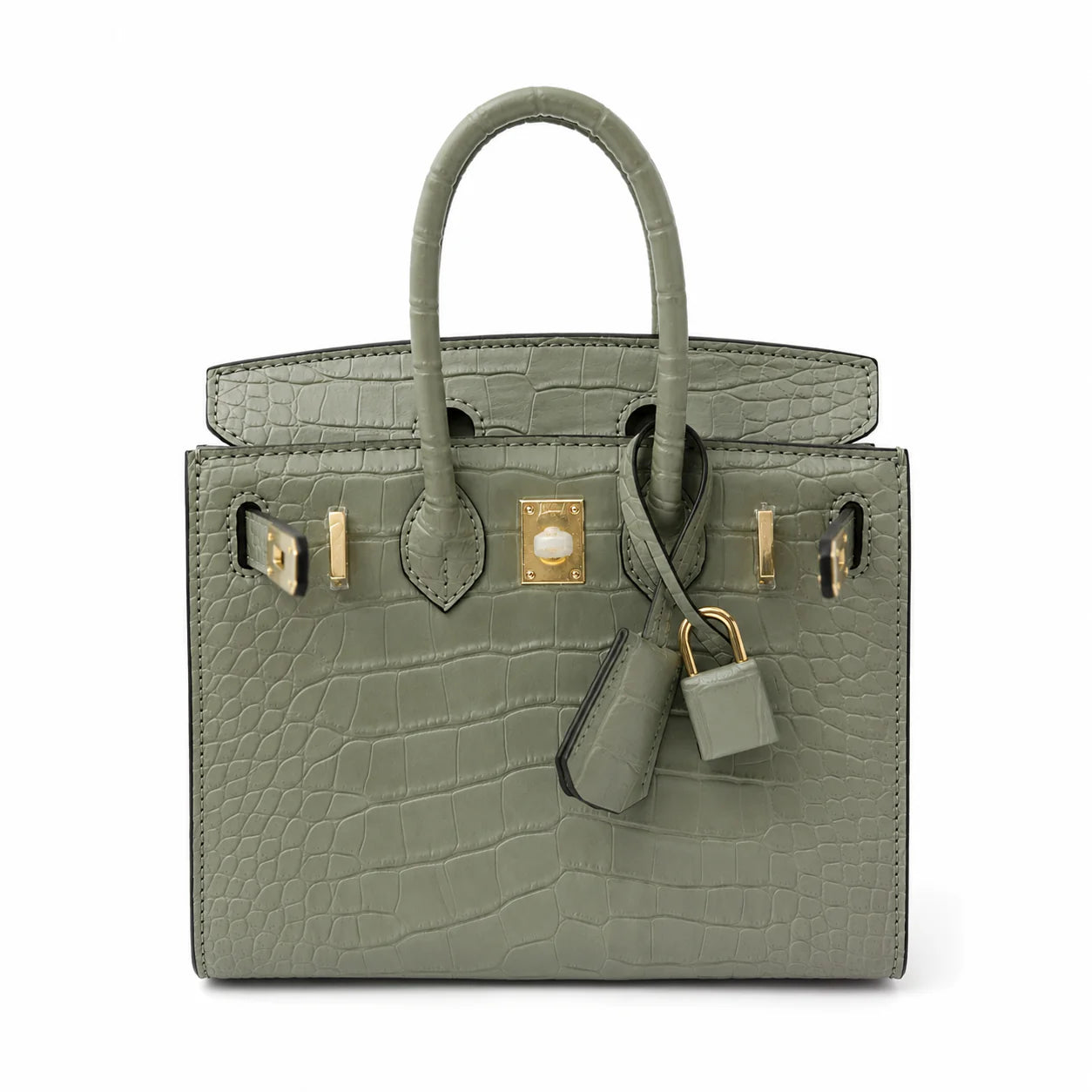 Mini Birkin 20cm Outer Stitching Tote Bag in Sage Green Crocodile Pattern