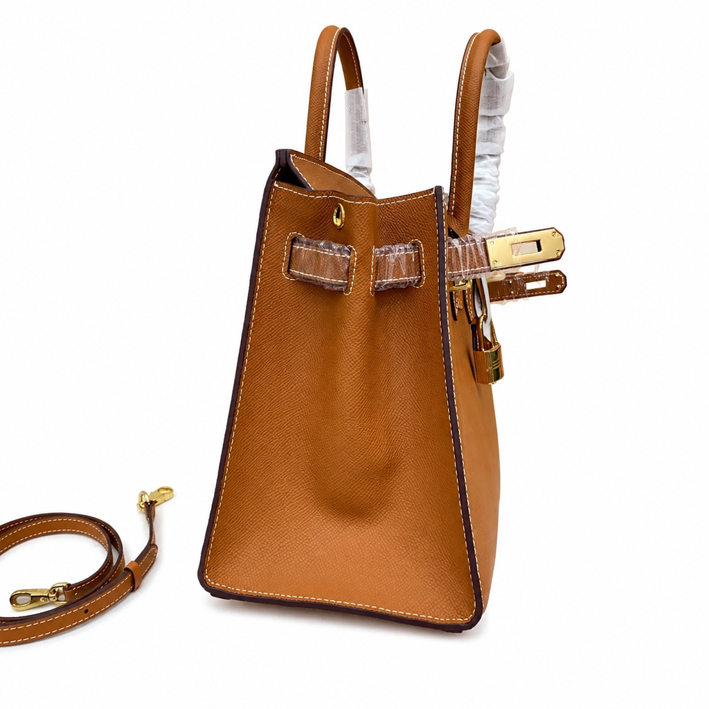 Birkin Style 25/30 Sellier in Gold Epsom Leather with White Stitching (Gold Hardware)