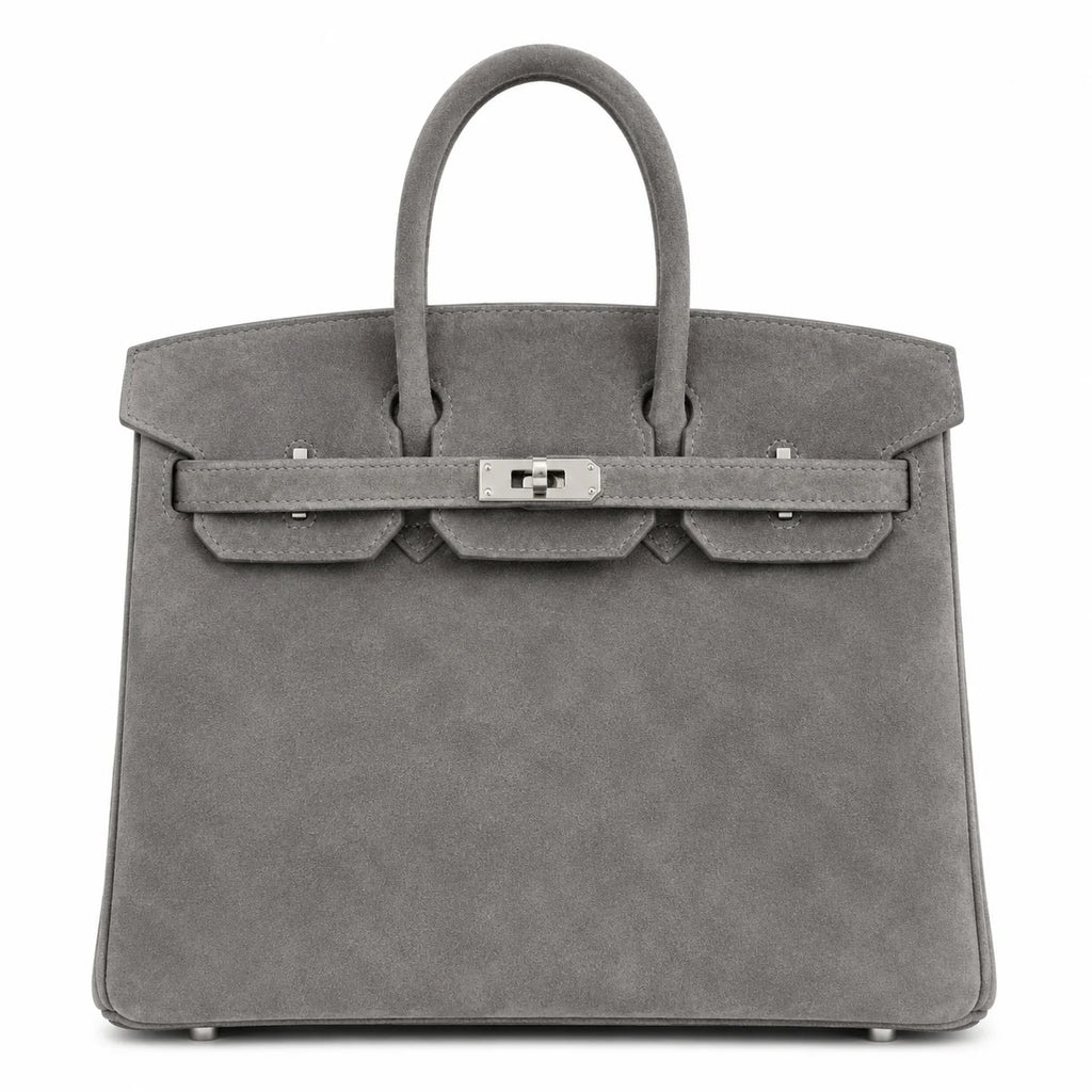 Birkin 25 Retourne in Grey Suede Grizzly (Palladium Hardware)