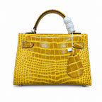 Kelly Sellier 19cm Jaune Ambre Shiny Crocodile Leather Gold Hardware & Palladium Hardware Women Handbag