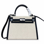 Top Selling Kelly 25 Bag With Outside Stitching, Made Of Textured Canvas & Soft Swift Leather Patchwork, Classic Black Silver Hardware Combination, Stunning Mixed Material Texture Dimensions: Length 25 * Width 10 * Height 18cm