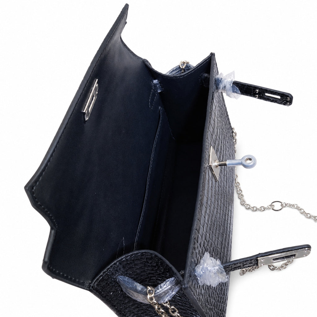 Kelly Pochette Noir Shiny Niloticus Crocodile Leather Palladium Hardware & Palladium Hardware Women Clutch Bag