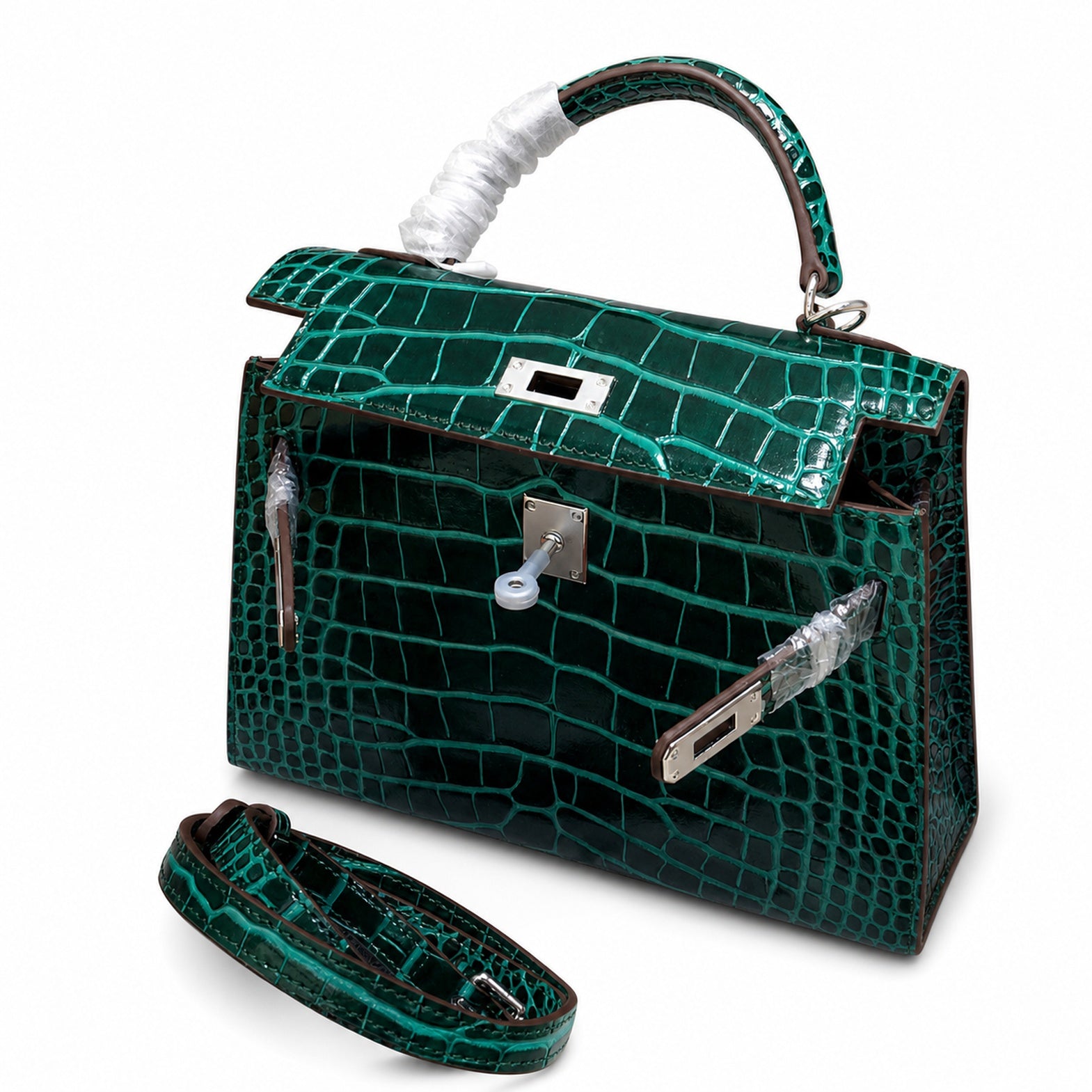 Kelly Sellier 22cm Vert Emeraude Shiny Crocodile Leather Gold Hardware & Palladium Hardware Women Handbag