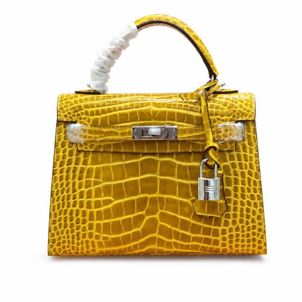 Kelly Sellier 22cm Jaune Ambre Shiny Crocodile Leather Gold Hardware & Palladium Hardware Women Handbag