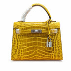 Kelly Sellier 22cm Jaune Ambre Shiny Crocodile Leather Gold Hardware & Palladium Hardware Women Handbag