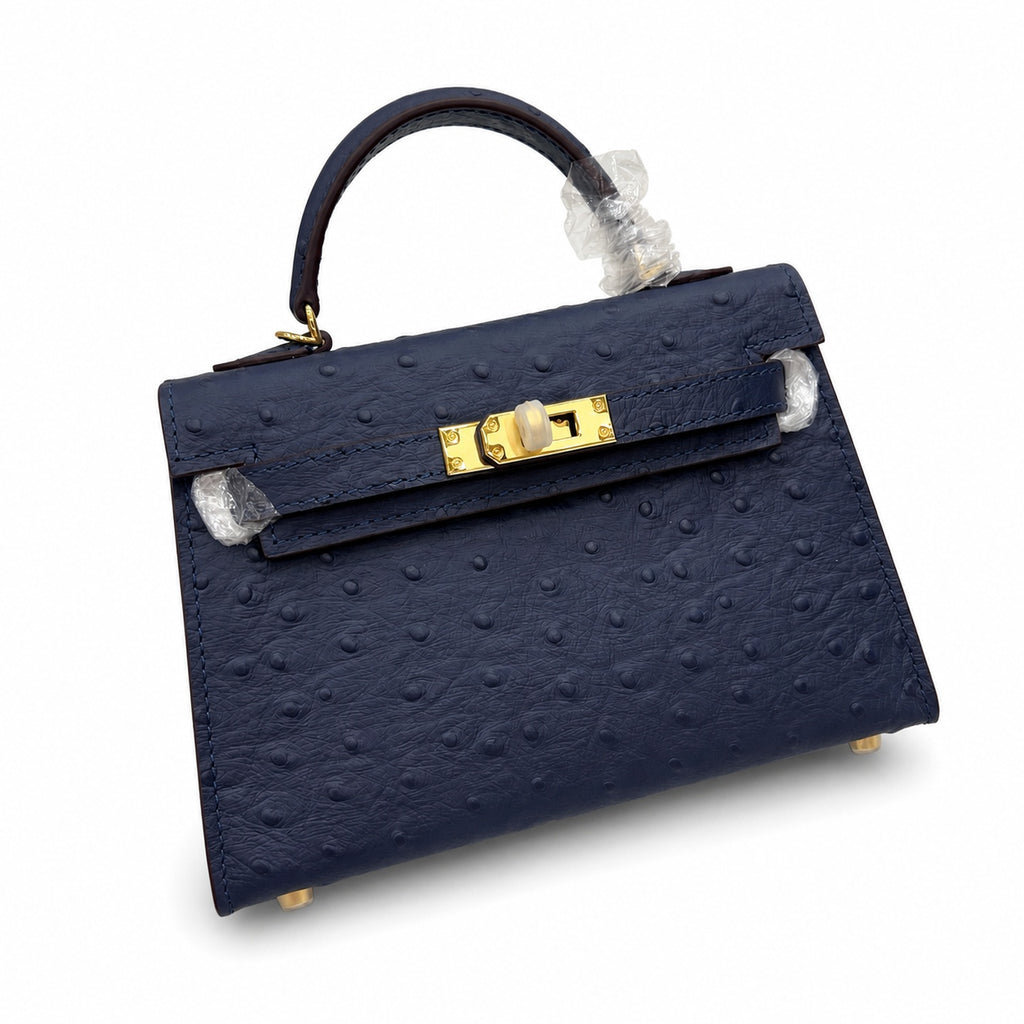 Mini Kelly Sellier 19cm Bleu Nuit Ostrich Leather Gold Hardware Women Mini Handbag