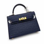 Mini Kelly Sellier 19cm Bleu Nuit Ostrich Leather Gold Hardware Women Mini Handbag