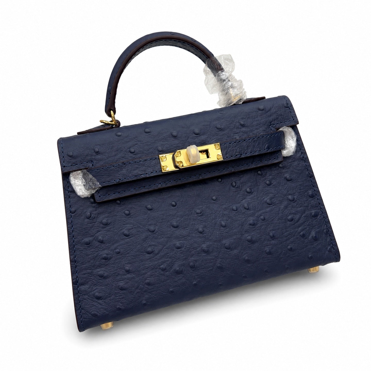 Mini Kelly Sellier 19cm Bleu Nuit Ostrich Leather Gold Hardware Women Mini Handbag