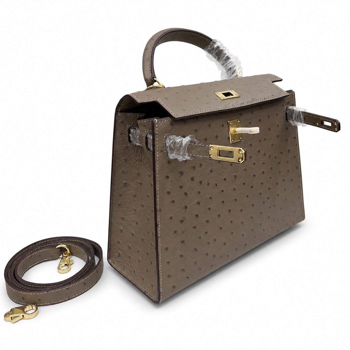 Hermès Kelly Sellier 25 Ostrich Etoupe Gold Hardware