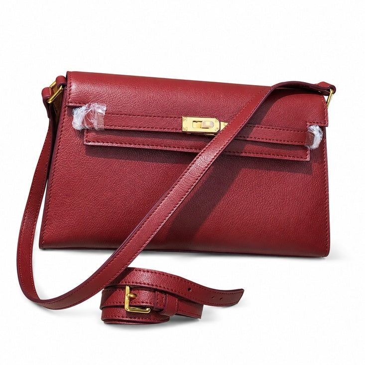 Kelly Elan 25 Underarm Baguette Bag, Genuine Top Layer Cowhide Goat Grain Leather, Gold Hardware Vintage Wine Red Shoulder Handbag, Elegant Luxury Quiet Glam Daily Purse Size 25×6.5×15cm