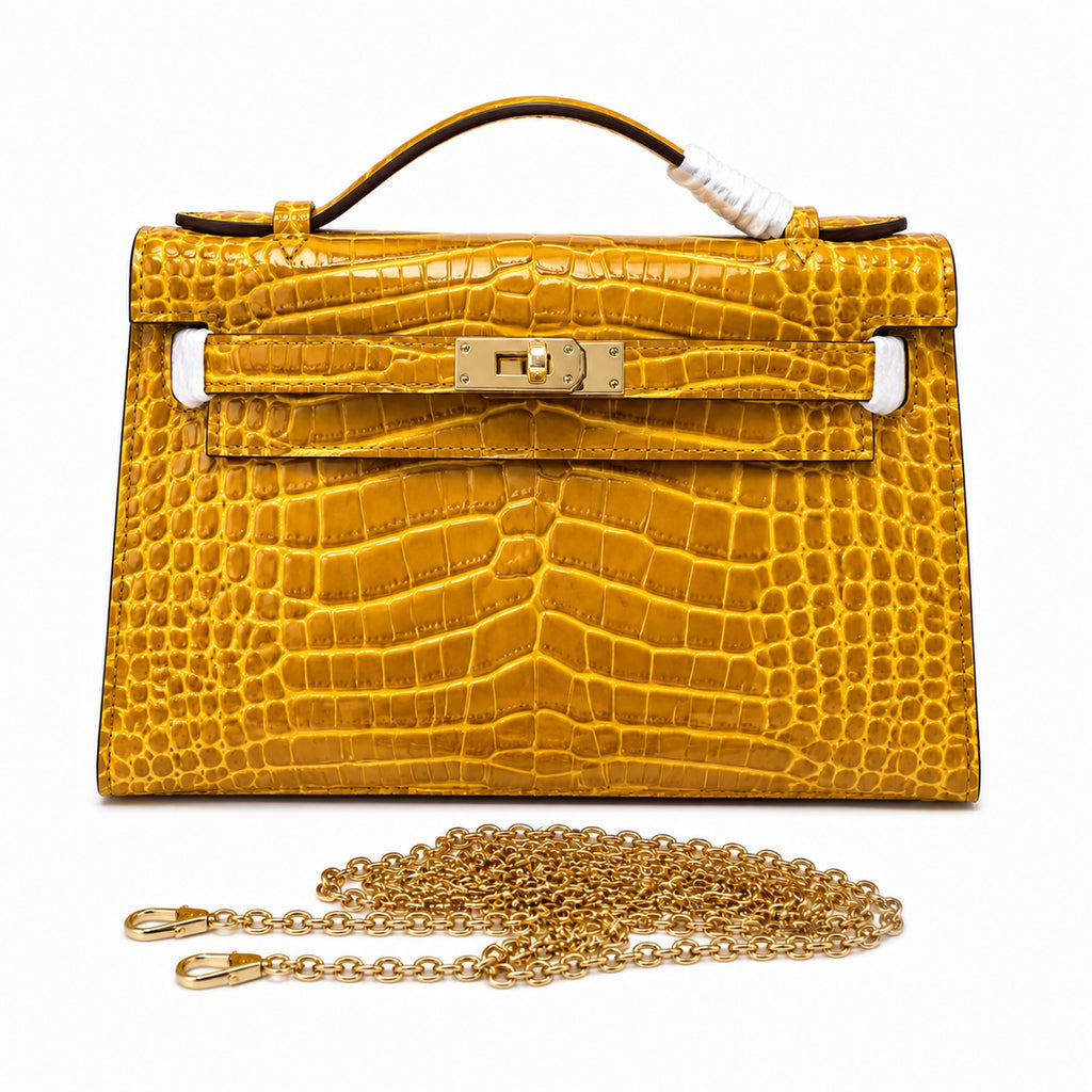 Kelly Pochette Jaune Ambre Shiny Niloticus Crocodile Leather Palladium Hardware Women Clutch Bag