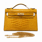 Kelly Pochette Jaune Ambre Shiny Niloticus Crocodile Leather Palladium Hardware Women Clutch Bag