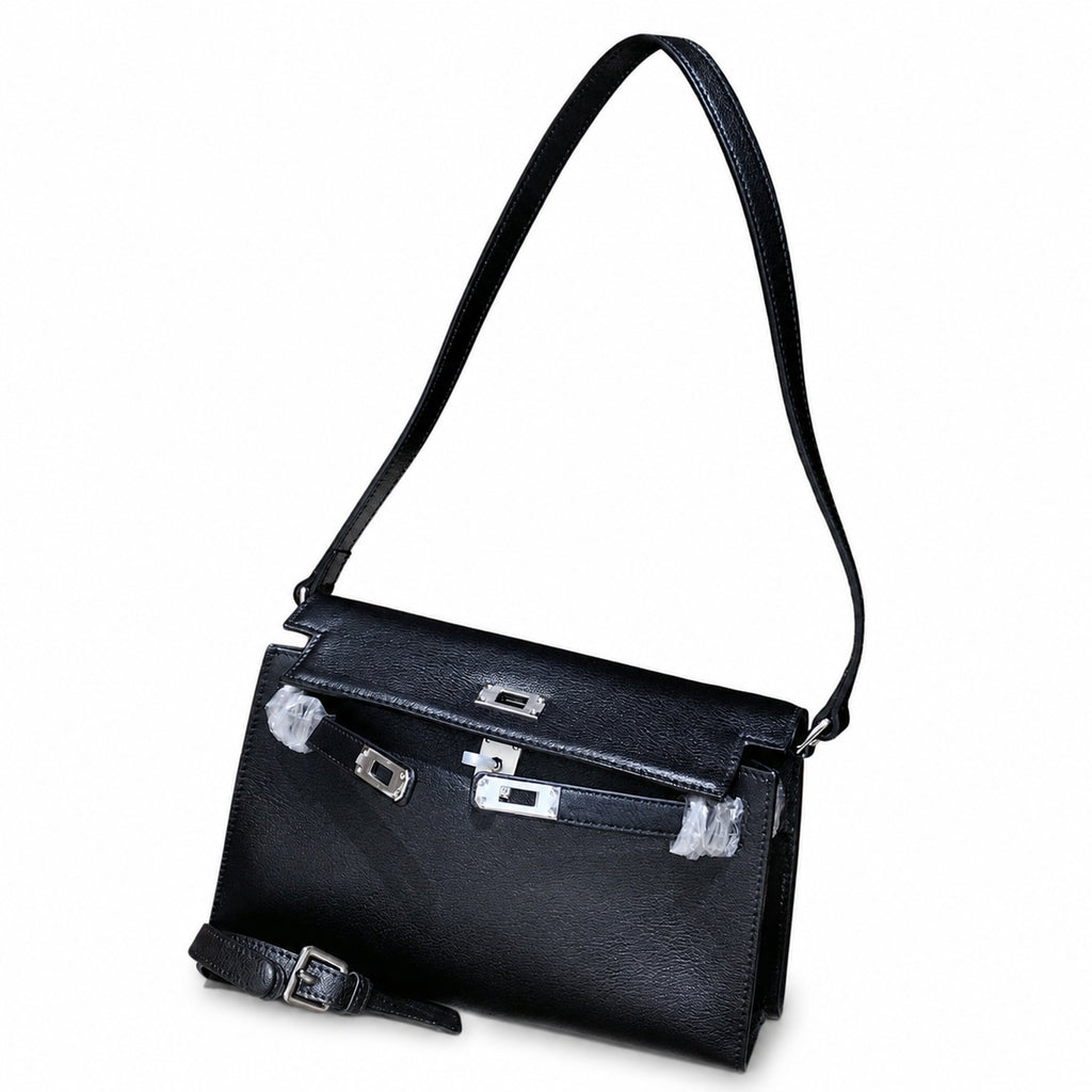 Kelly Elan 25 Underarm Baguette Bag, Genuine Top Layer Cowhide Goat Grain Leather, Silver Hardware Black Unisex Shoulder Purse, Multiway Crossbody Handheld Daily Bag, High Practical Daily Bag Size 25×6.5×15cm