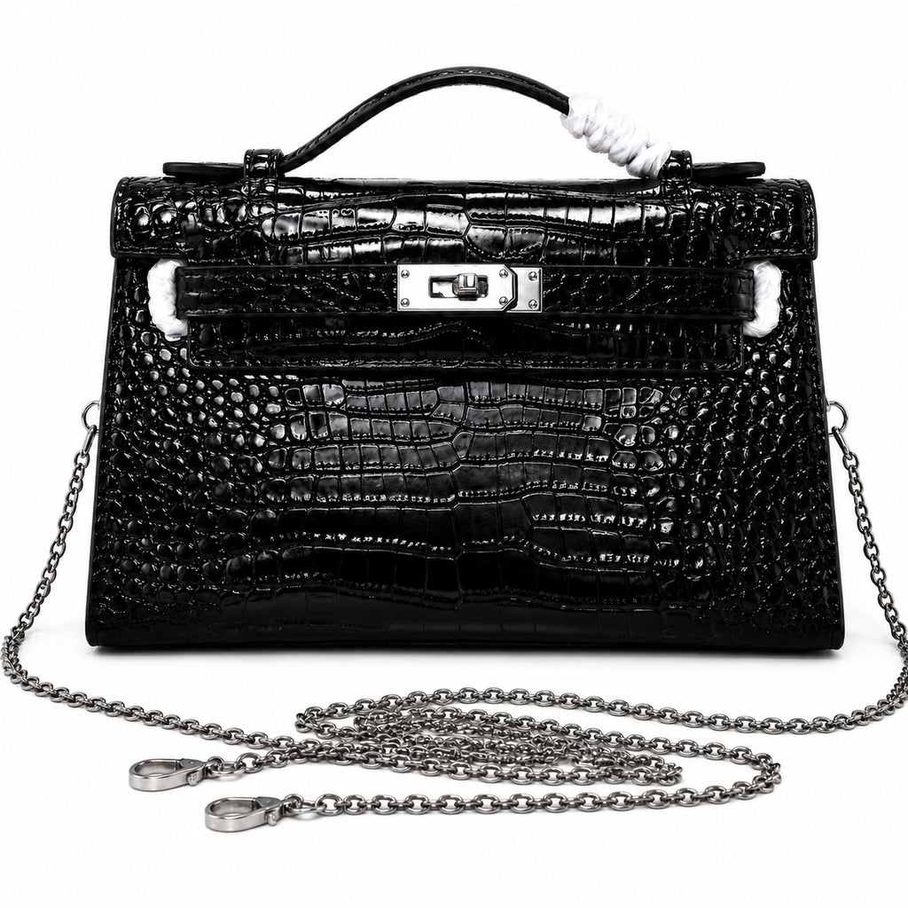 Kelly Pochette Noir Shiny Niloticus Crocodile Leather Palladium Hardware & Palladium Hardware Women Clutch Bag