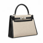 Top Selling Kelly 25 Bag With Outside Stitching, Made Of Textured Canvas & Soft Swift Leather Patchwork, Classic Black Silver Hardware Combination, Stunning Mixed Material Texture Dimensions: Length 25 * Width 10 * Height 18cm