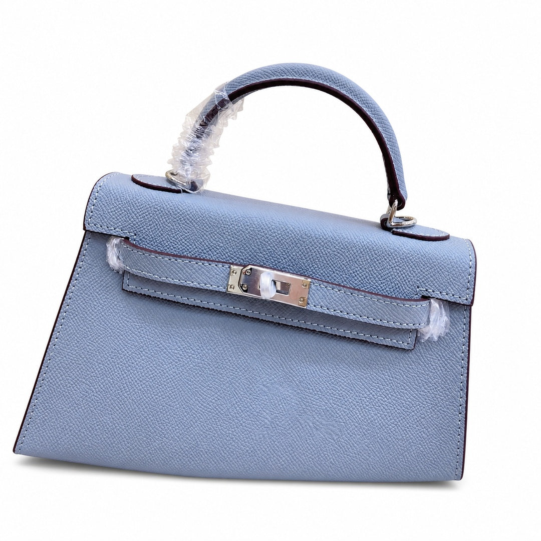Mini Kelly II Sellier 19cm & 22cm Bleu Lin Epsom Leather Palladium Hardware Women Mini Handbag