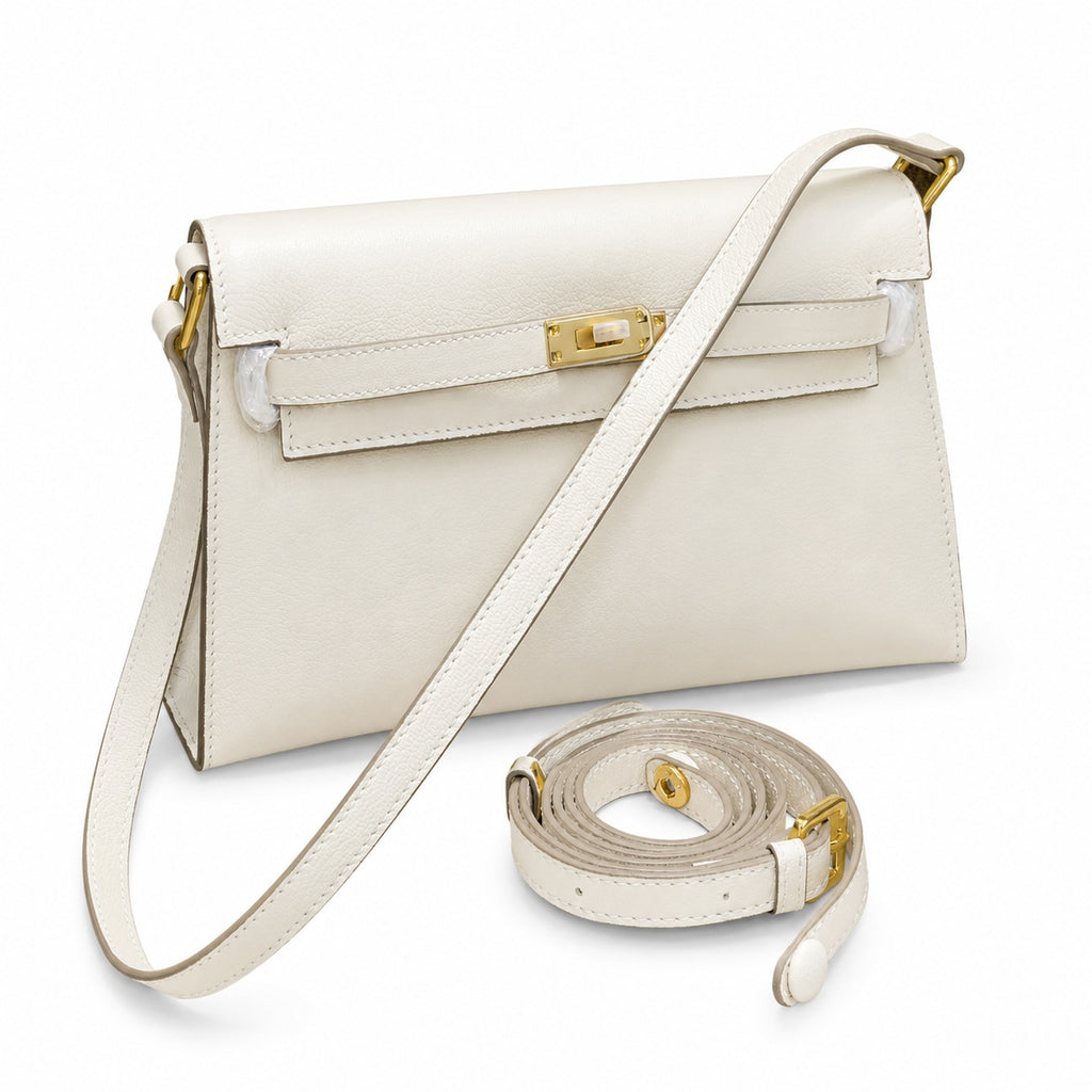 Kelly Elan 25 Underarm Baguette Bag, Genuine Top Layer Cowhide with Goat Grain, Gold Hardware Minimalist Off White Shoulder Handbag, Size 25×6.5×15cm Elegant Soft Tone Daily Purse for Women