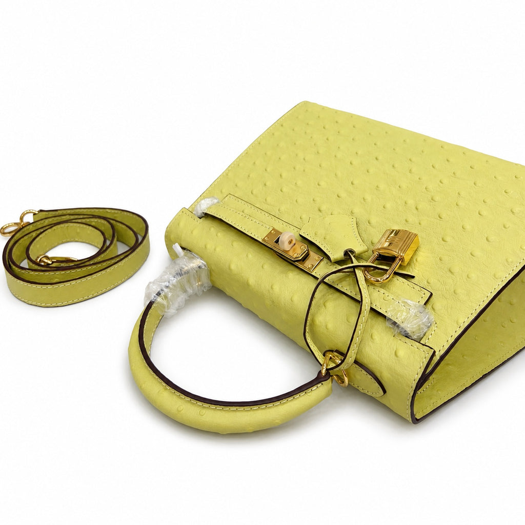 Kelly Sellier 25cm Jaune Poussin Ostrich Gold Hardware Designer Women Shoulder Handbag