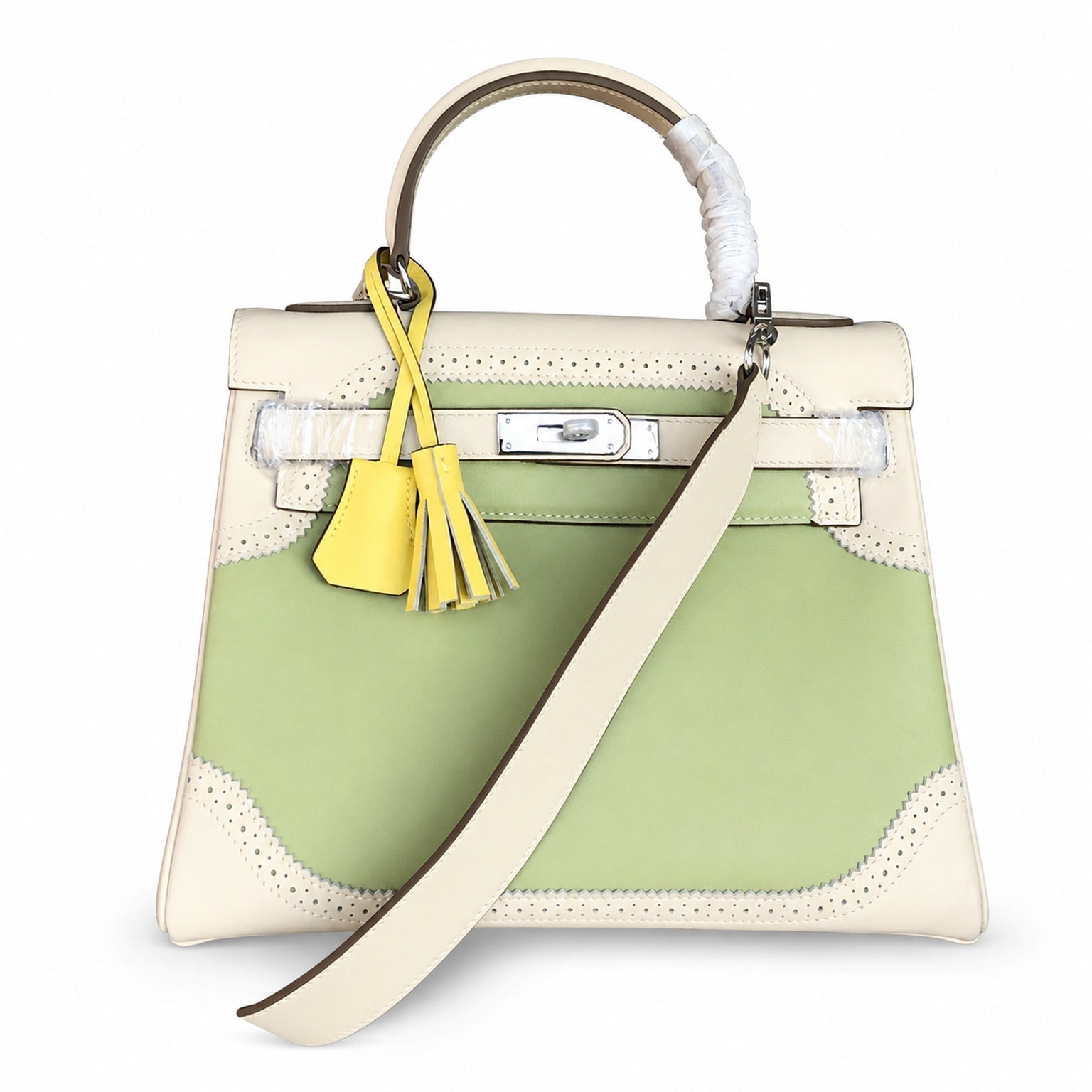 Kelly Sellier Ghillies 28cm Craie & Vert Pomme Barenia Leather Palladium Hardware Women Handbag