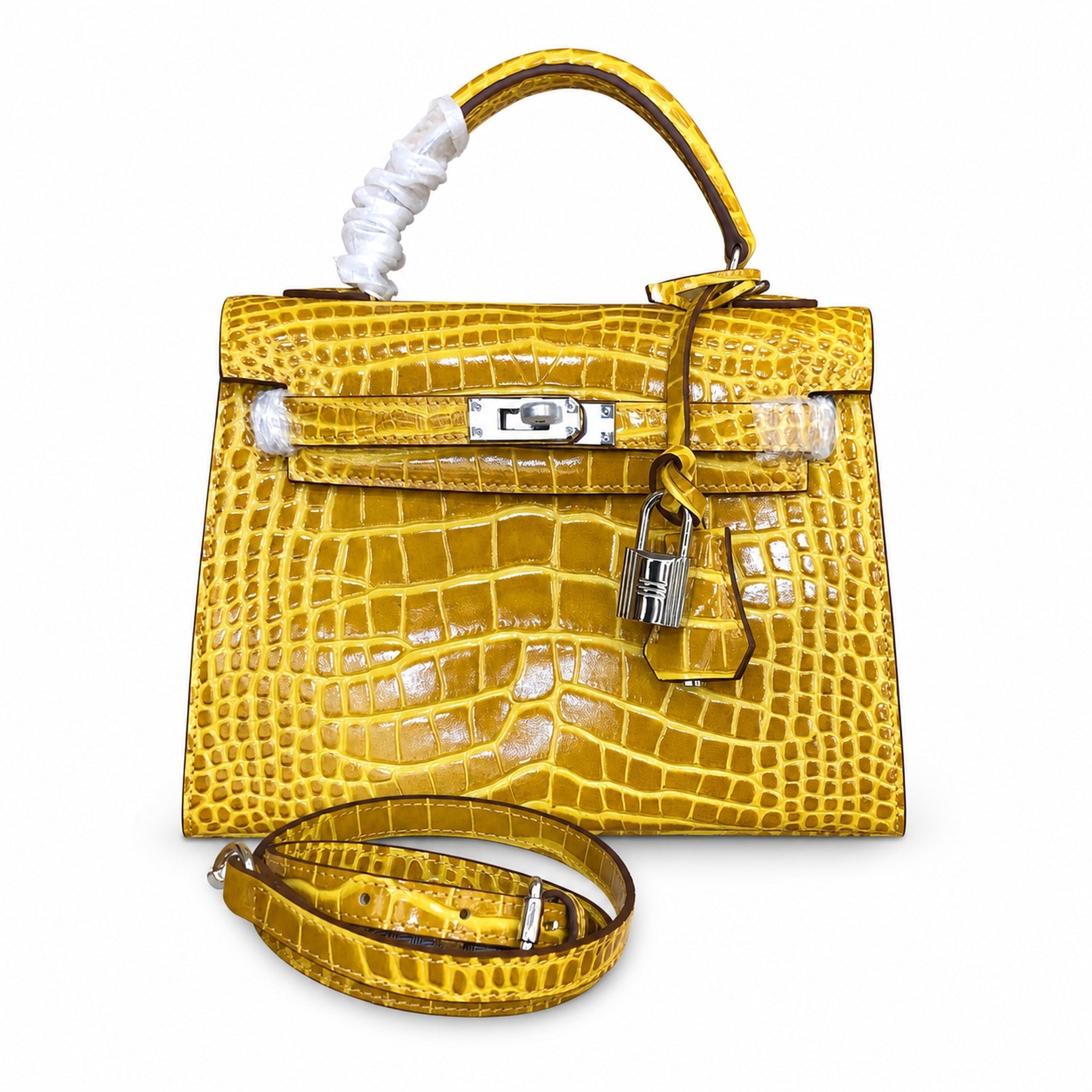Kelly Sellier 22cm Jaune Ambre Shiny Crocodile Leather Gold Hardware & Palladium Hardware Women Handbag