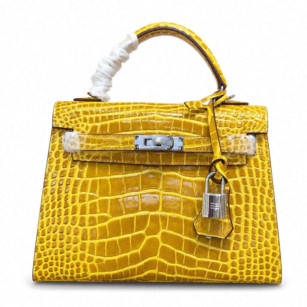 Kelly Sellier 22cm Jaune Ambre Shiny Crocodile Leather Gold Hardware & Palladium Hardware Women Handbag