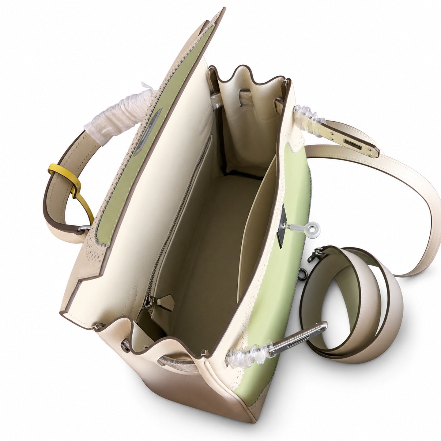 Kelly Sellier Ghillies 28cm Craie & Vert Pomme Barenia Leather Palladium Hardware Women Handbag