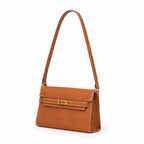 Kelly Elan 25 Top-Grain Leather Goat-Pattern Underarm Baguette Bag – Gold Buckle, Coffee Brown, 25×6.5×15cm