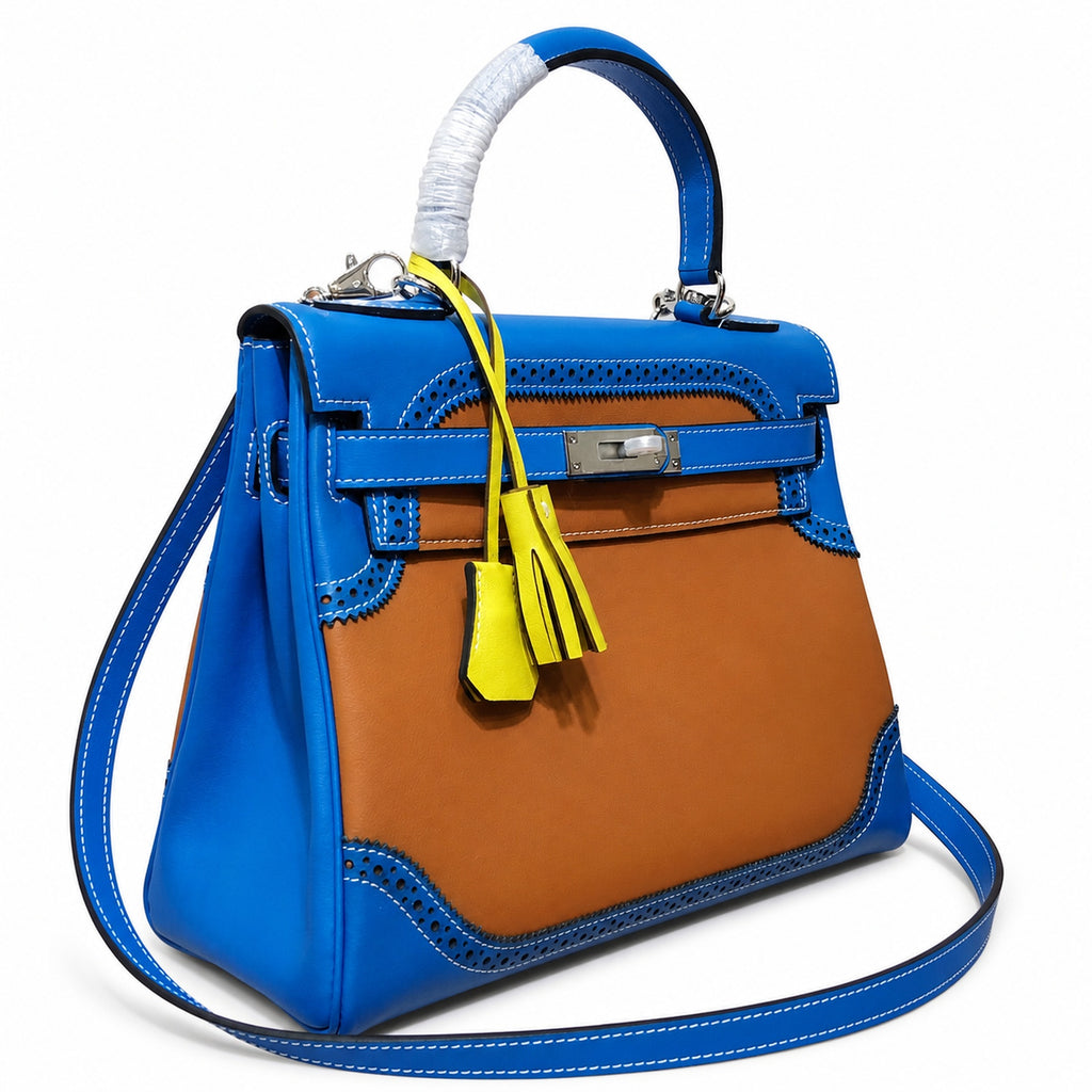 Kelly Sellier Ghillies 28cm Bleu Izmir & Natural Sable Barenia Leather Palladium Hardware Women Handbag