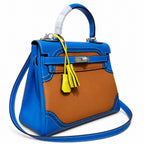 Kelly Sellier Ghillies 28cm Bleu Izmir & Natural Sable Barenia Leather Palladium Hardware Women Handbag