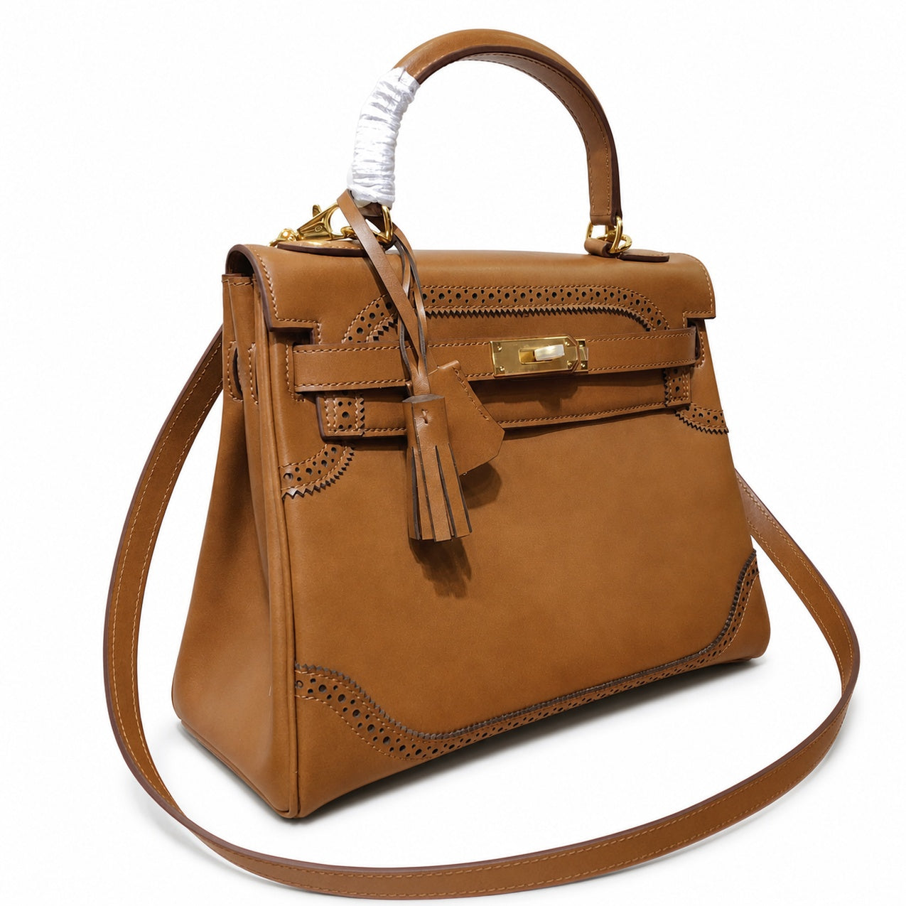 Kelly Sellier Ghillies 28cm Natural Sable Barenia Leather Gold Hardware Women Handbag