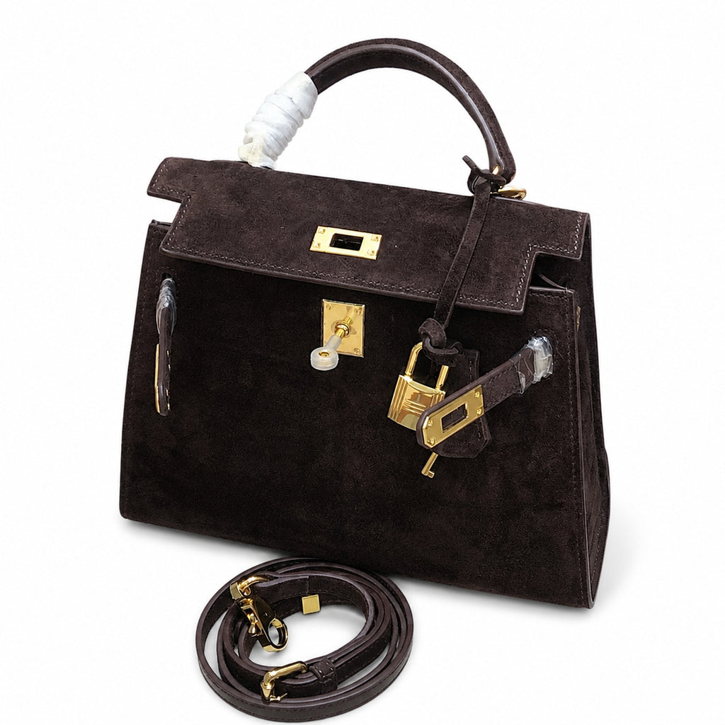Mini Kelly Sellier 22cm Ebene Suede Leather Gold Hardware Women Mini Handbag