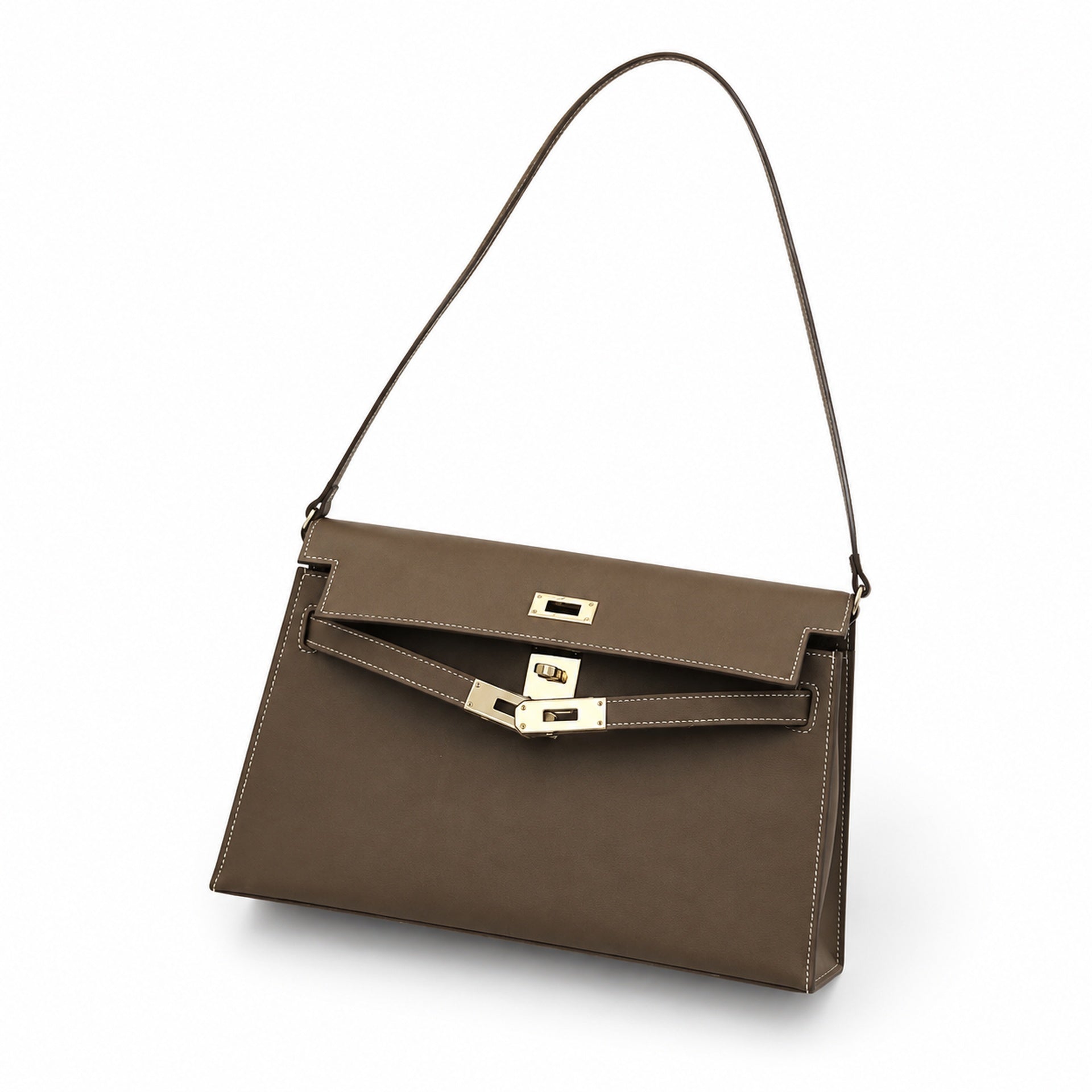 Kelly Elan 25 Underarm Baguette Bag, Genuine Top Layer Cowhide Goat Grain Leather, Silver Hardware Khaki Shoulder Handbag, Timeless Neutral Must-have Bag Elegant Versatile Daily Purse Size 25×6.5×15cm