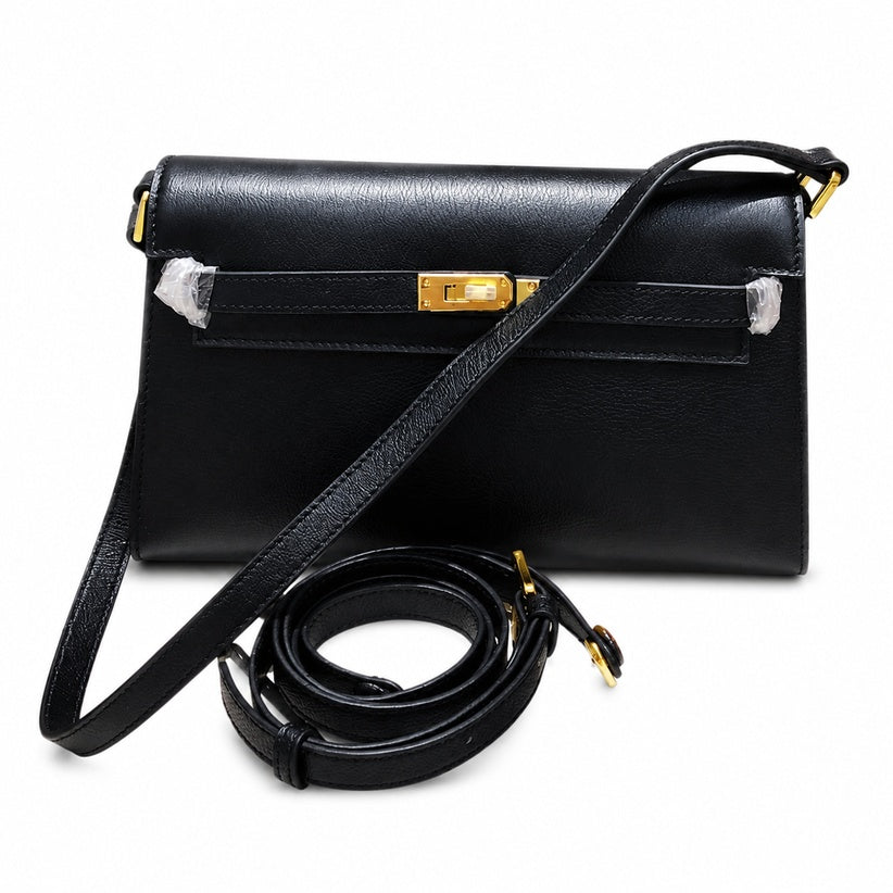 Kelly Elan 25 Underarm Baguette Bag, Genuine Top Layer Cowhide with Glossy Goat Grain, Gold Hardware Black Shoulder Handbag, Spacious Capacity Casual Versatile Daily Purse Size 25×6.5×15cm