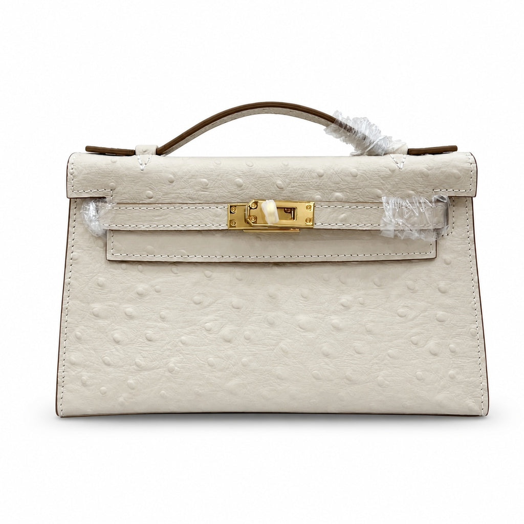 Mini Kelly II Sellier 19cm & 22cm Craie Ostrich Leather Gold Hardware Women Mini Handbag