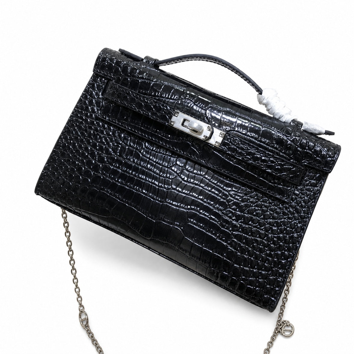 Kelly Pochette Noir Shiny Niloticus Crocodile Leather Palladium Hardware & Palladium Hardware Women Clutch Bag