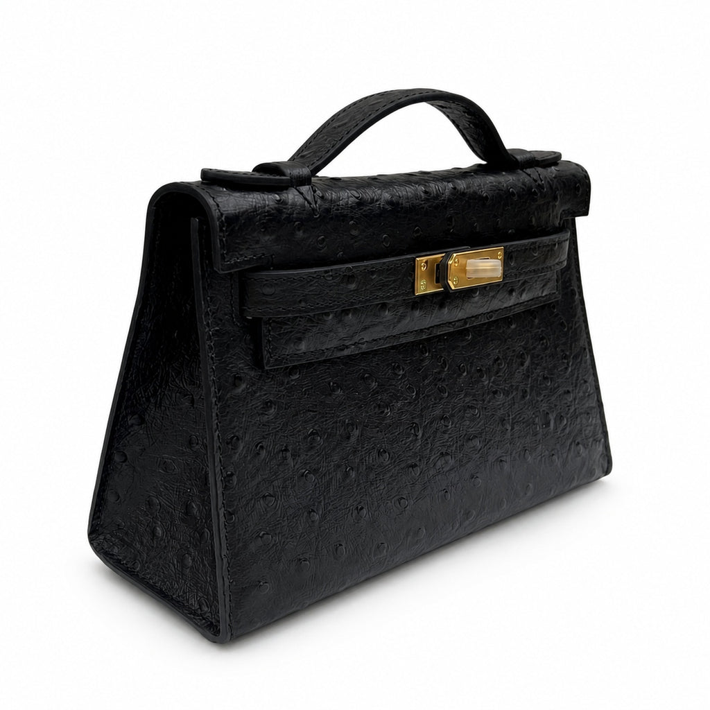 Mini Kelly Sellier 22cm Noir Ostrich Leather Gold Hardware Women Mini Handbag
