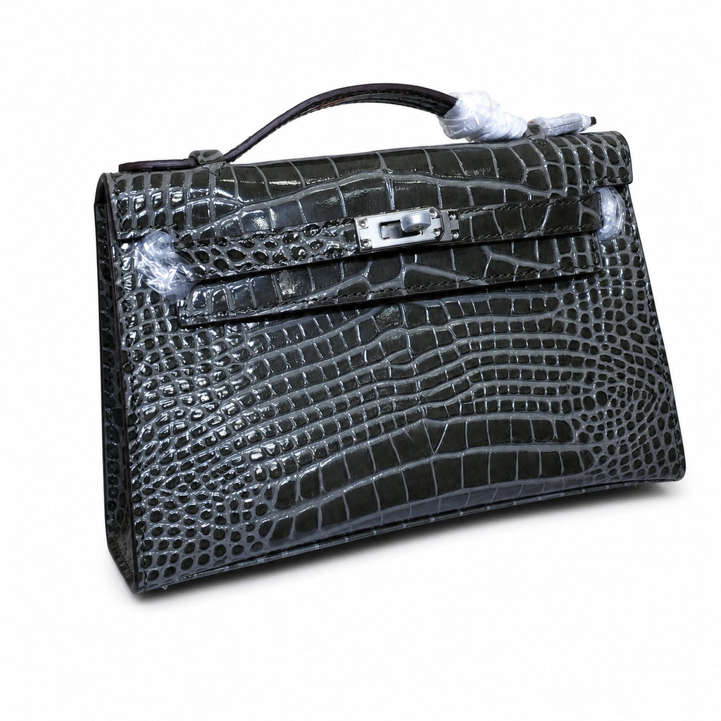 Kelly Pochette Gris Elephant Shiny Niloticus Crocodile Leather Palladium Hardware & Palladium Hardware Women Clutch Bag