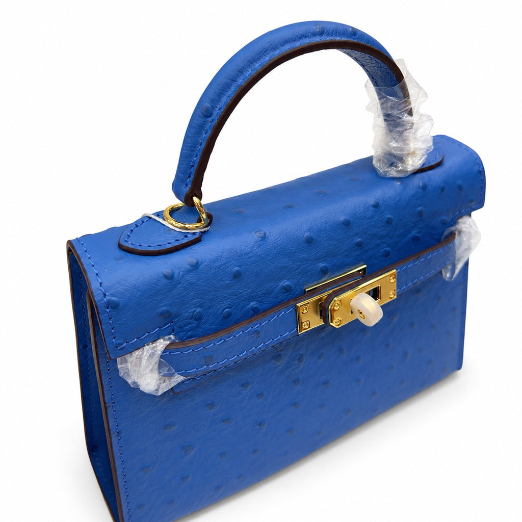 Mini Kelly II 19cm Sellier Bleu Electrique Ostrich Gold Hardware Luxury Crossbody Handbag