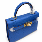 Mini Kelly II 19cm Sellier Bleu Electrique Ostrich Gold Hardware Luxury Crossbody Handbag