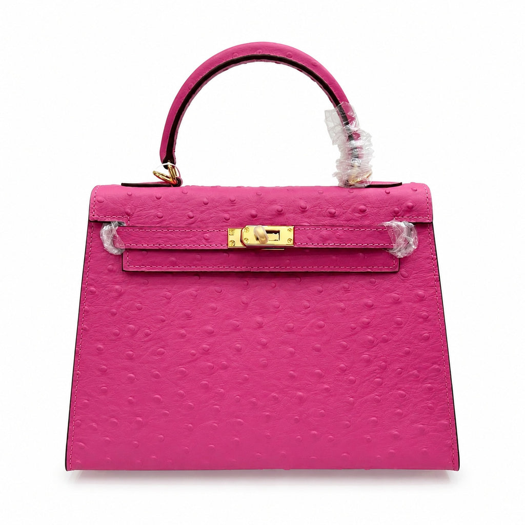 Kelly Sellier 25cm Rose Tyrien Ostrich Gold Hardware Designer Crossbody Tote